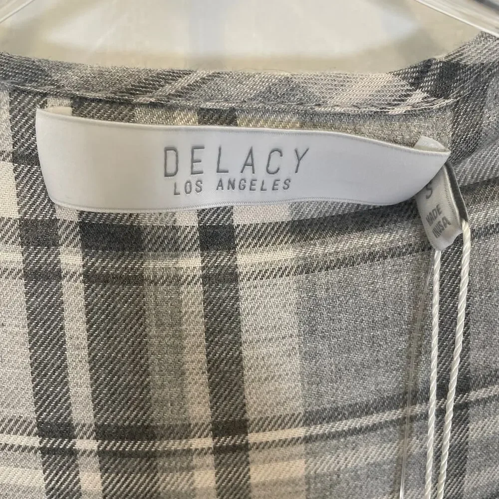 Free People Delacy Gray White Plaid Print Wrap Shirt‎ Long Sleeve NWT S